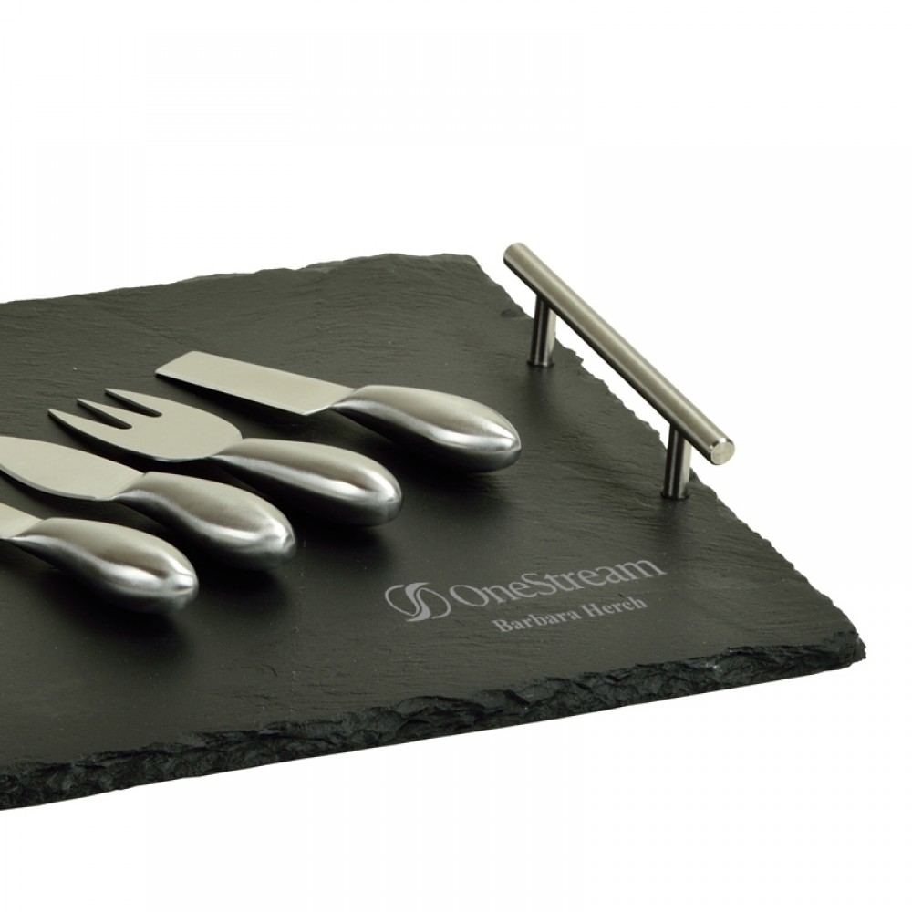 Logo Branded Individually Personalized Slate Charcuterie Board with Stainless Steel Knife Set Logo Branded Individually Personalized Slate Charcuterie Board with Stainless Steel Knife Set