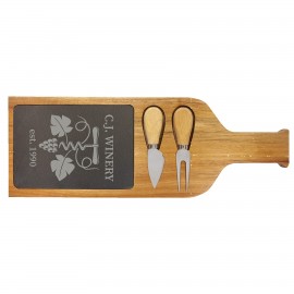Acacia Wood/Slate Serving Board with Two Tools with Logo  Acacia Wood/Slate Serving Board with Two Tools with Logo