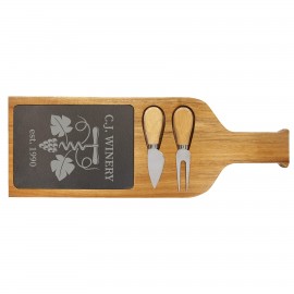 Custom 17 1/2" x 6" Acacia Wood/Slate Serving Board with Two Tools