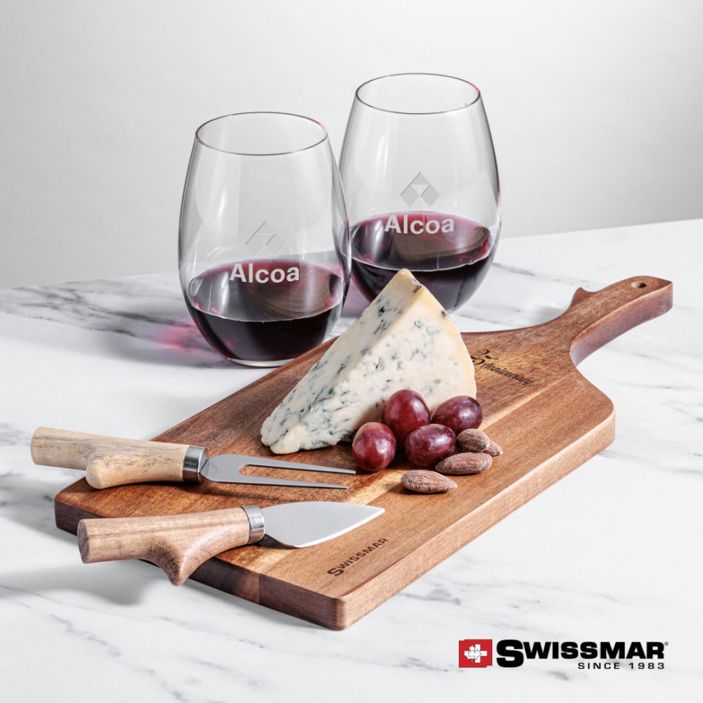 Swissmar Paddle Board & 2 Carlita Stemless Wine with Logo