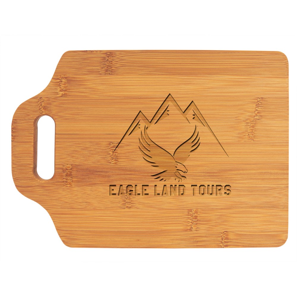 Logo Branded 11" x 7 3/4" Bamboo Cutting Board with Handle Logo Branded 11" x 7 3/4" Bamboo Cutting Board with Handle
