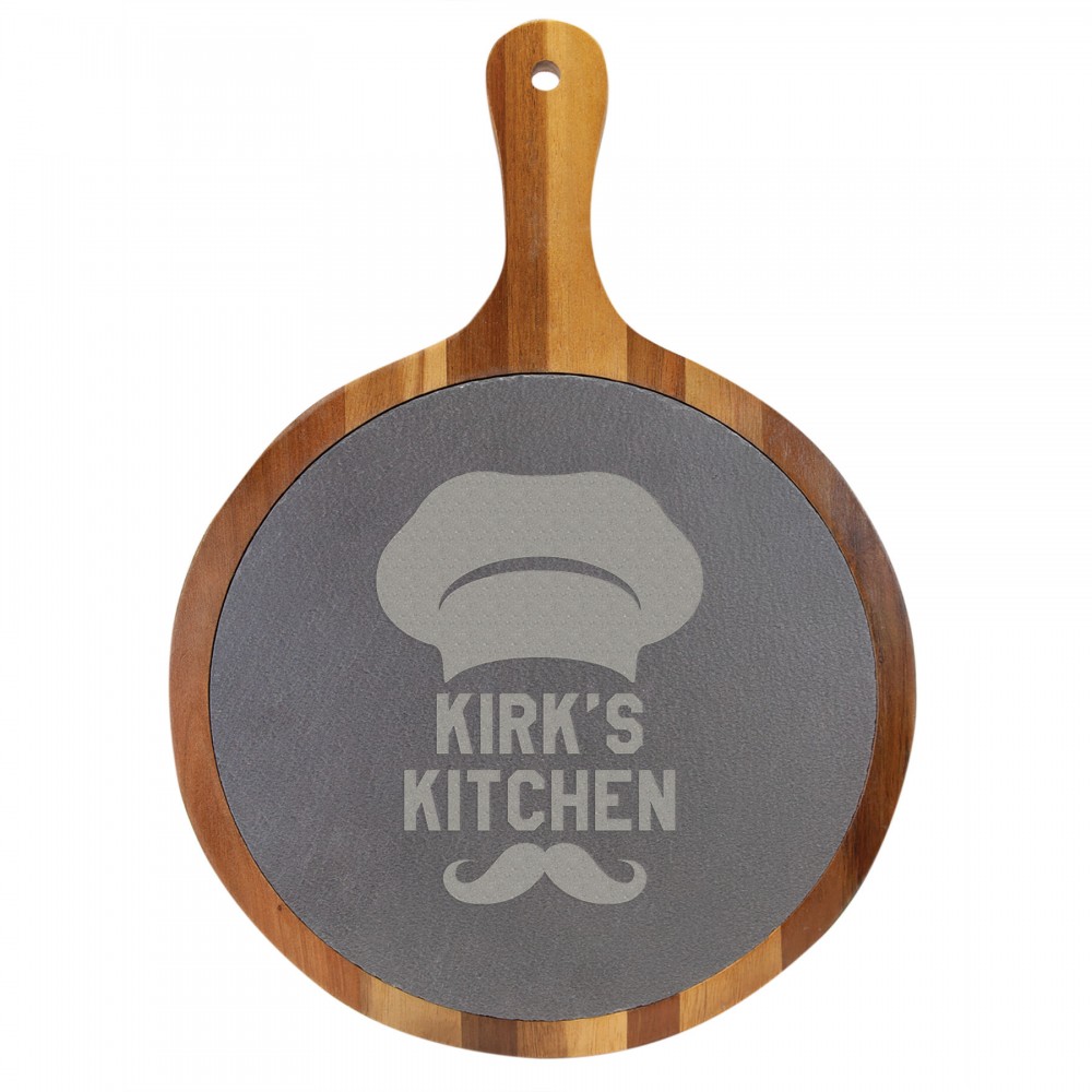 Personalized Round Acacia Wood/Slate Serving Board with Handle