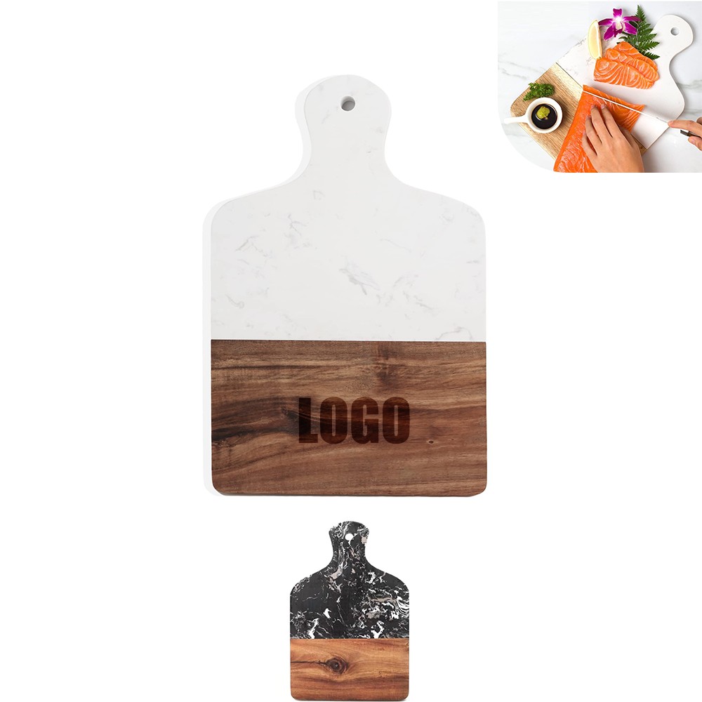 12 3/5" Custom Marble & Acacia Wood Cutting Board w/Handle & Hanging Hole with Logo 12 3/5" Custom Marble & Acacia Wood Cutting Board w/Handle & Hanging Hole with Logo
