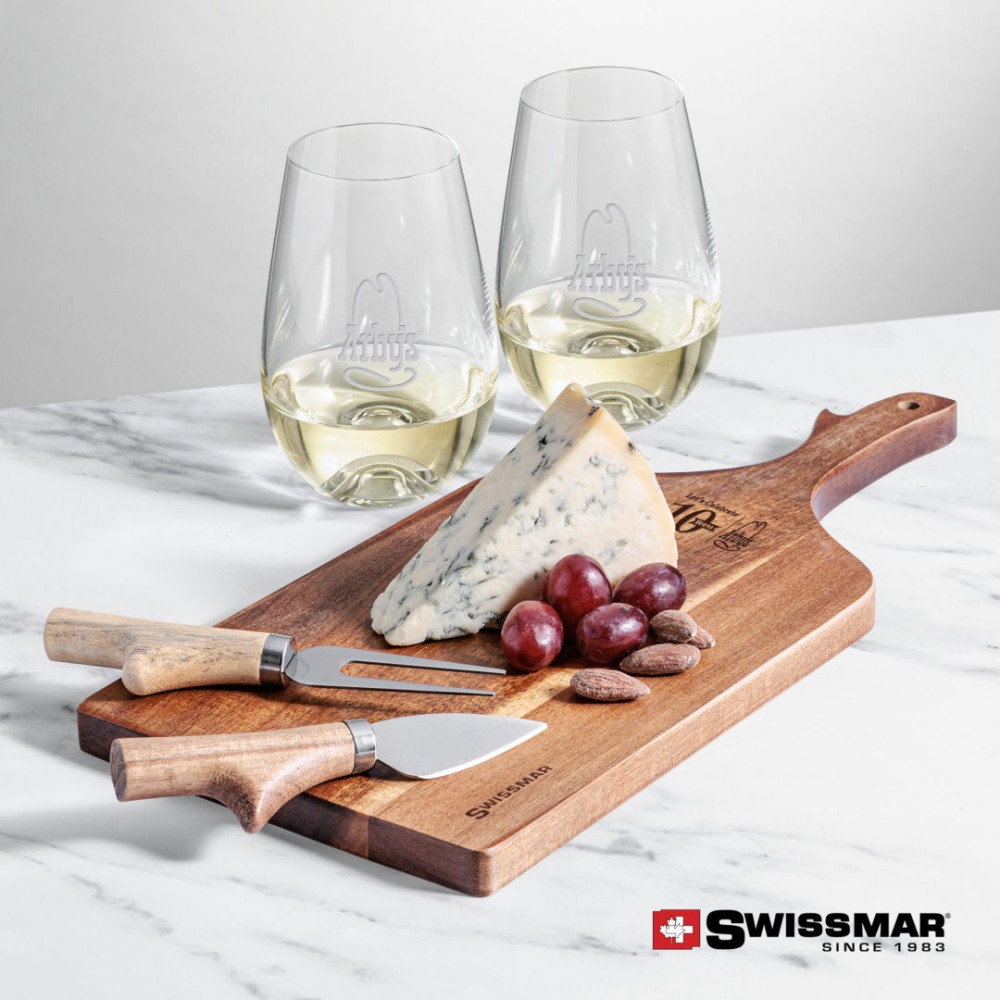 Swissmar Paddle Board & 2 Boston Stemless Wine with Logo
