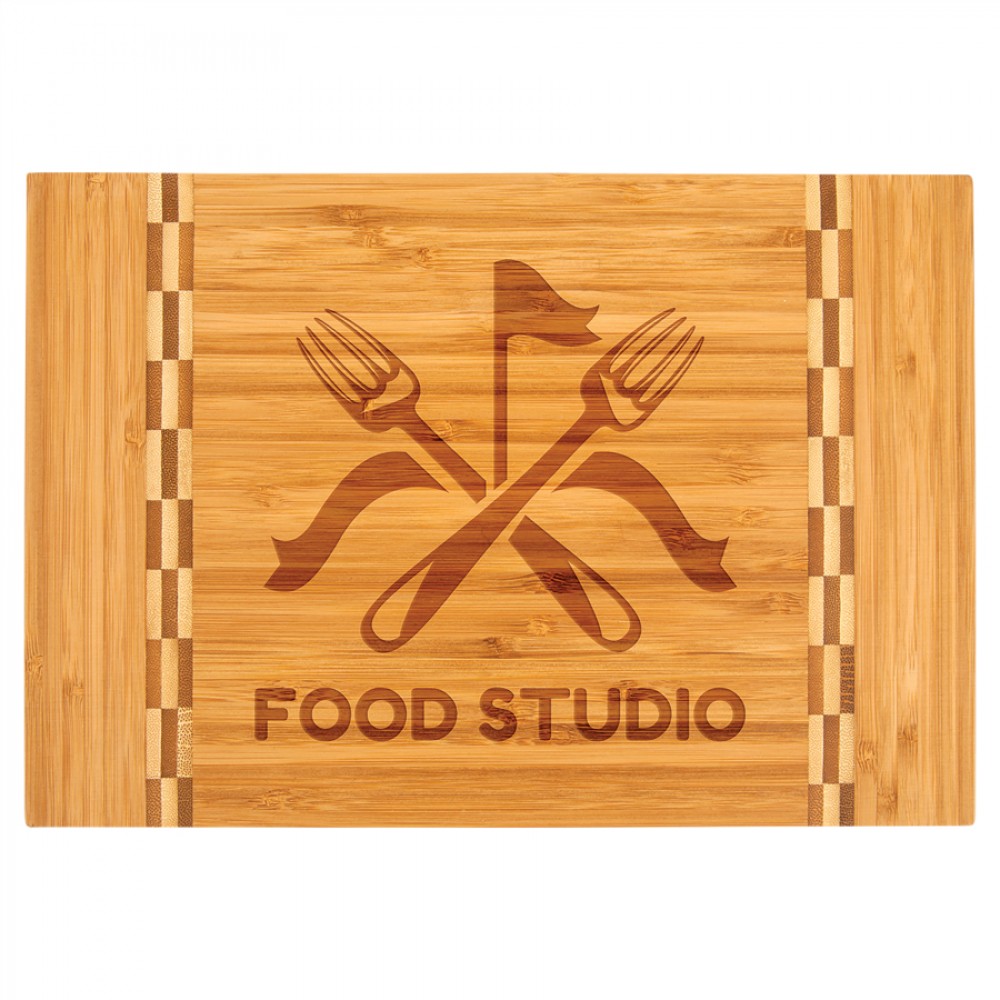Logo Branded Bamboo Cutting Board with Butcher Block Inlay, 12" x 8 1/4" Logo Branded Bamboo Cutting Board with Butcher Block Inlay, 12" x 8 1/4"