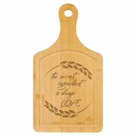 Logo Branded 7" x 13.5" Paddle Shaped Bamboo Wood Cutting Board w/Drip Ring