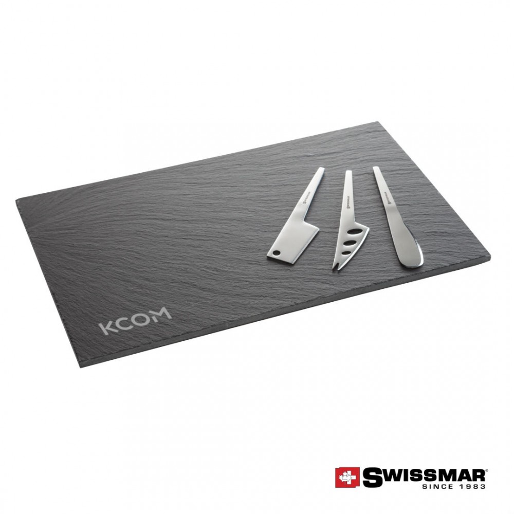 Logo Branded Swissmar Slate Serving Board With 3pc Cheese Knives Logo Branded Swissmar Slate Serving Board With 3pc Cheese Knives