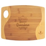 13 3/4" x 11" x 5/16" Bamboo Two Tone Cutting Board with Handle with Logo