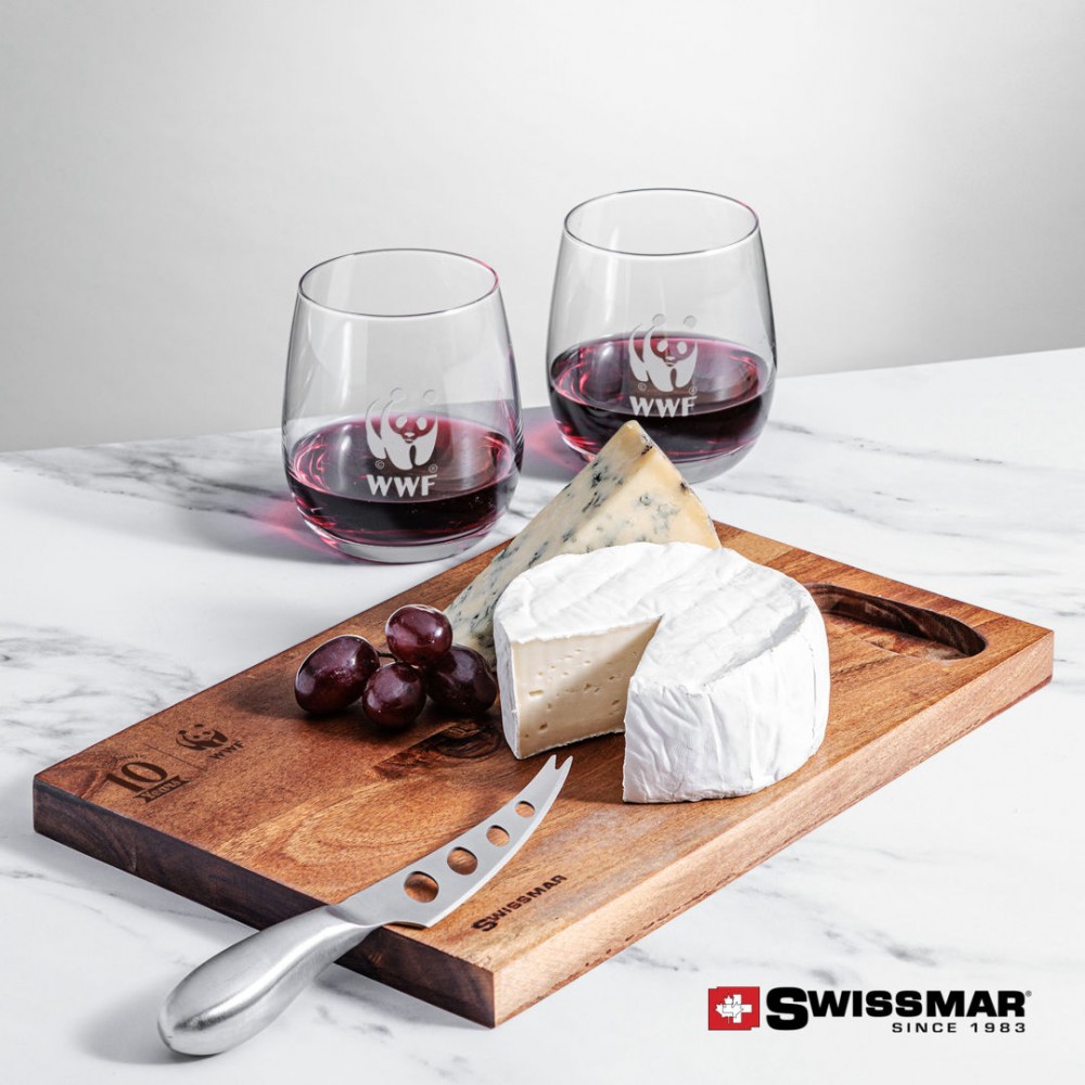 Custom Engraved Swissmar Acacia Board & 2 Crestview Stemless Wine