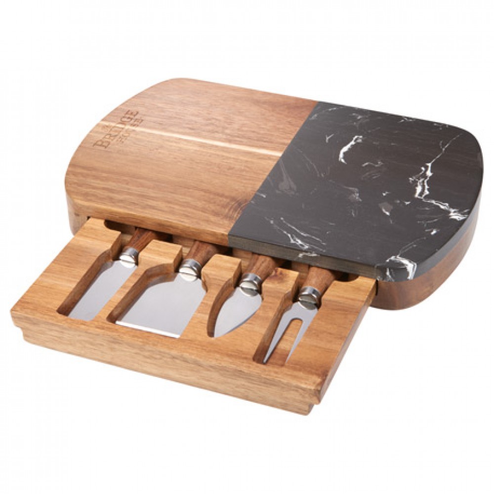 Black Marble Cheese Board Set with Knives with Logo