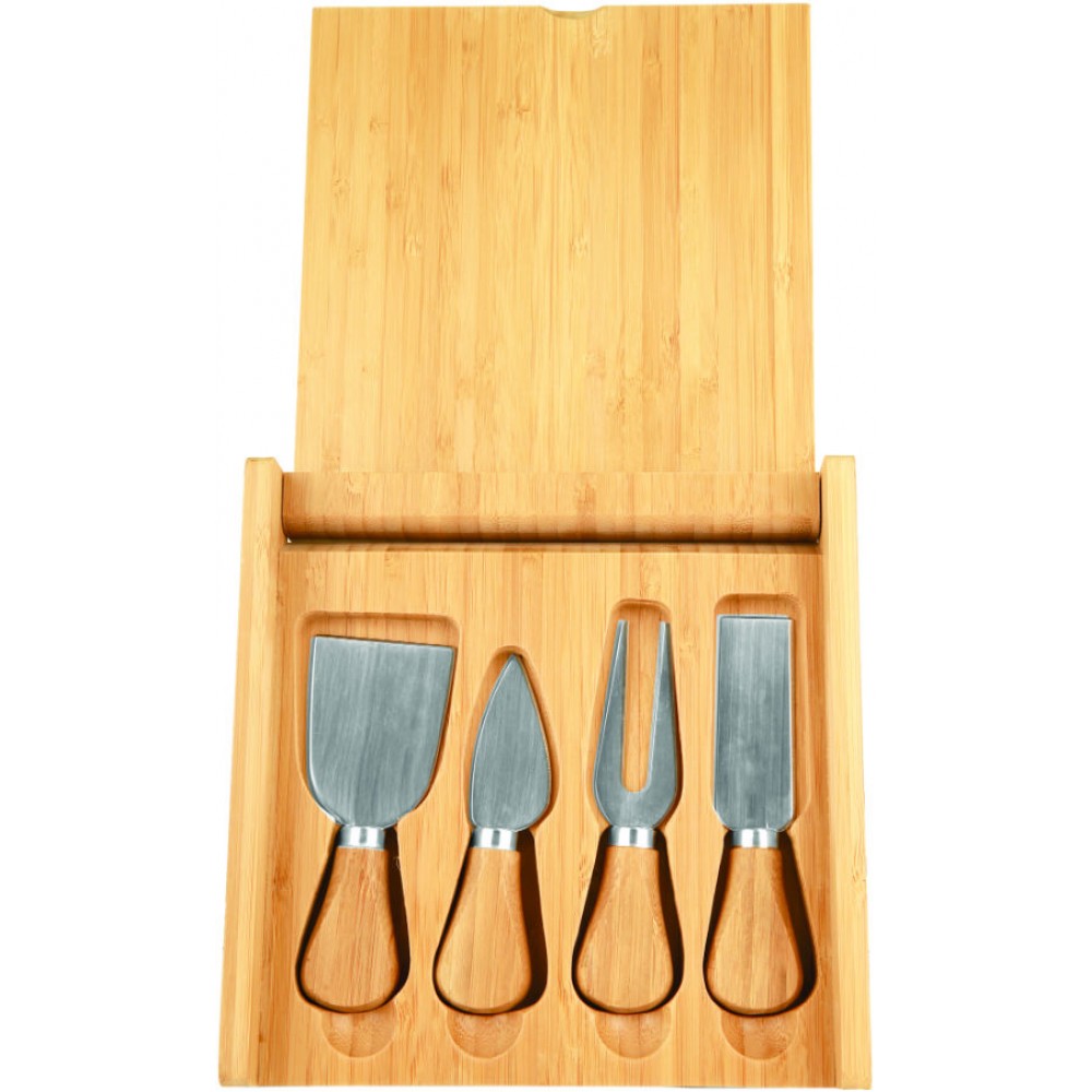 Custom Imprinted Bamboo Cheese Set with 4 Tools, 8 x 8" Custom Imprinted Bamboo Cheese Set with 4 Tools, 8 x 8"