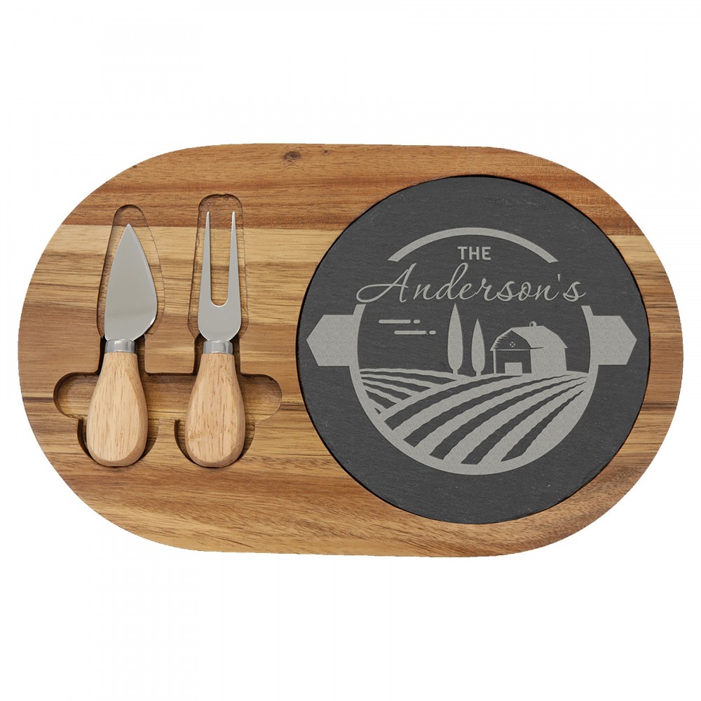 Custom Acacia Wood/Slate Oval Cheese Set with Two Tools Custom Acacia Wood/Slate Oval Cheese Set with Two Tools