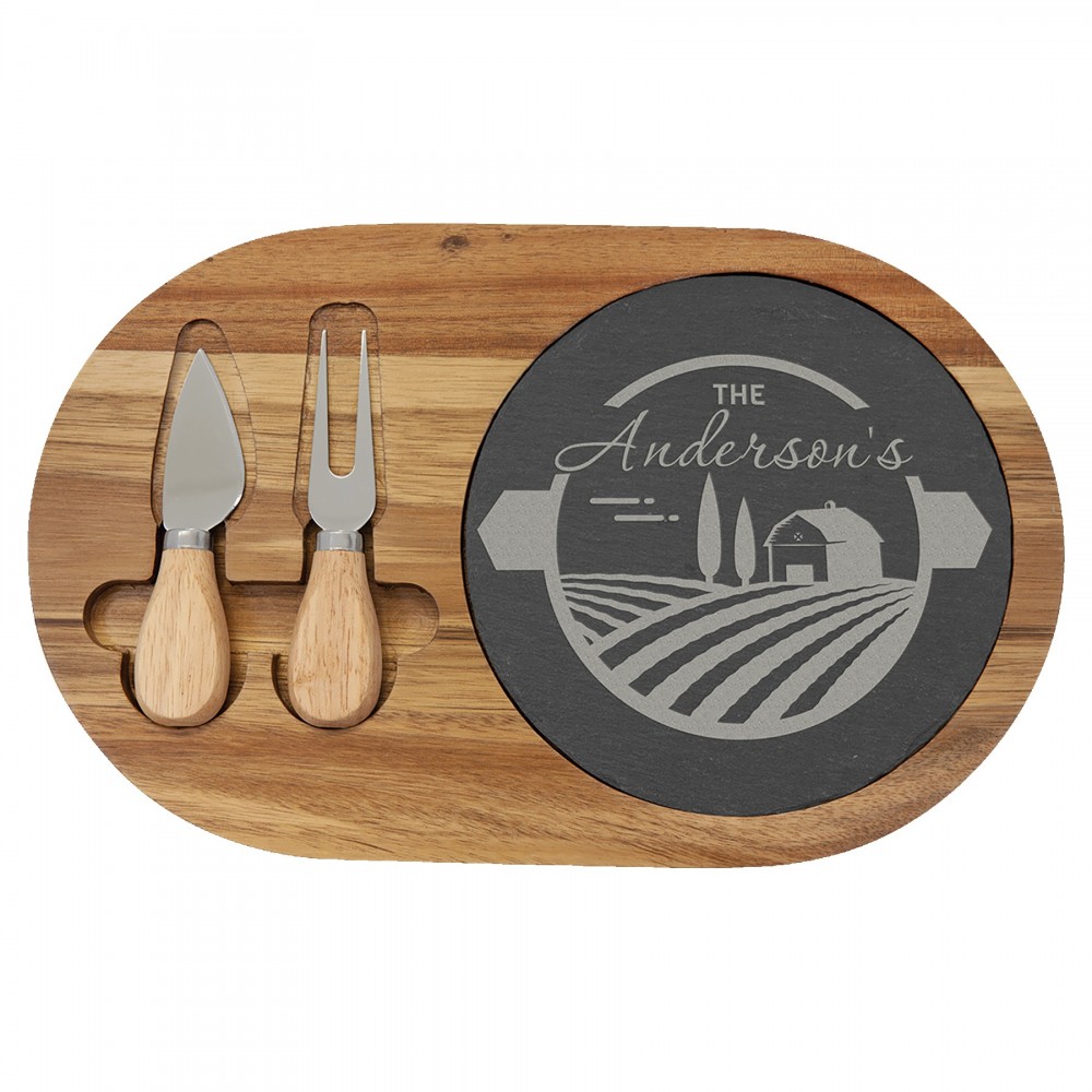 Acacia Wood/Slate Oval Cheese Set with Two Tools with Logo