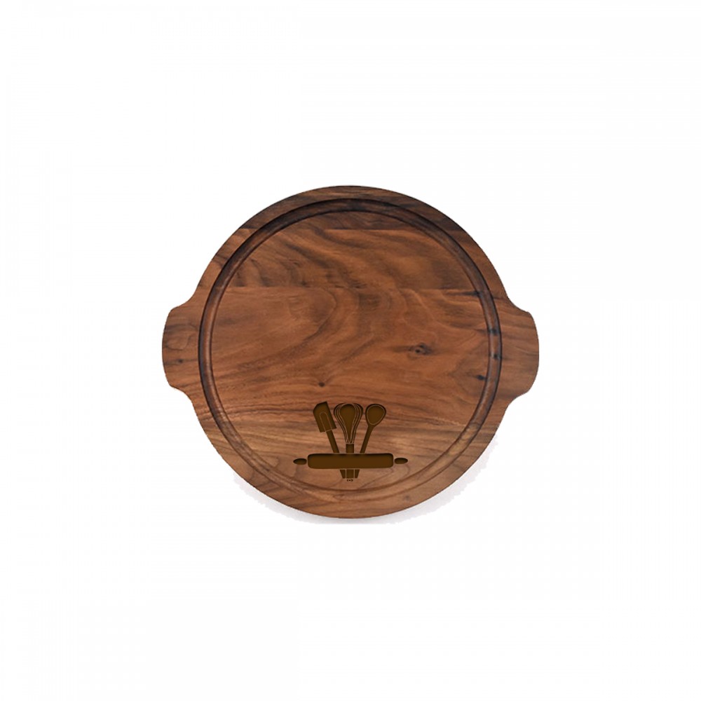 12" Walnut Round Cutting Board w/ Juice Groove & Handles with Logo 12" Walnut Round Cutting Board w/ Juice Groove & Handles with Logo
