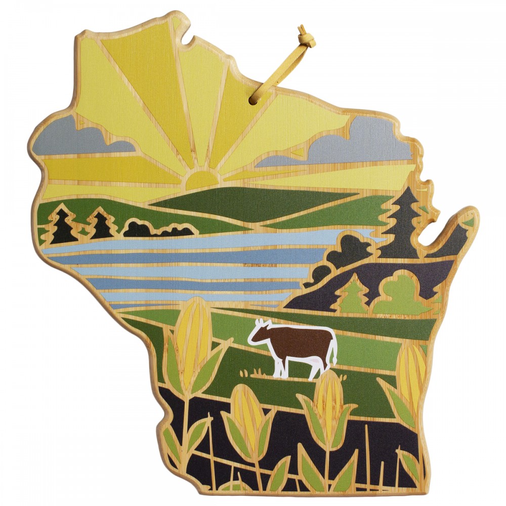 Wisconsin State Shaped Cutting & Serving Board w/Artwork by Summer Stokes with Logo Wisconsin State Shaped Cutting & Serving Board w/Artwork by Summer Stokes with Logo