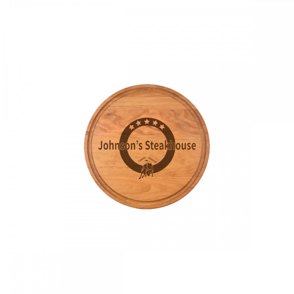 Logo Branded 10 1/2" x 3/4" Cherry Round Cutting Board with Juice Groove