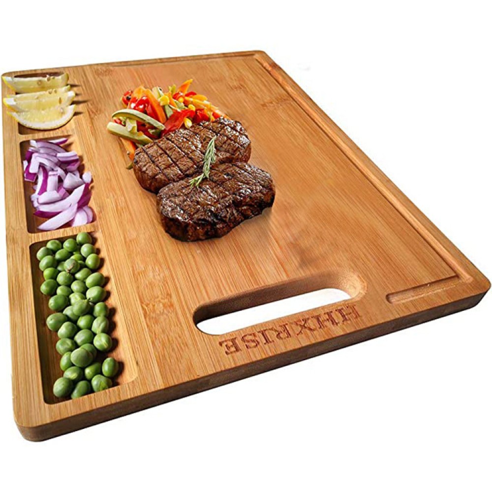 Logo Branded Organic Bamboo Cutting Board With 3 Built-In Compartments