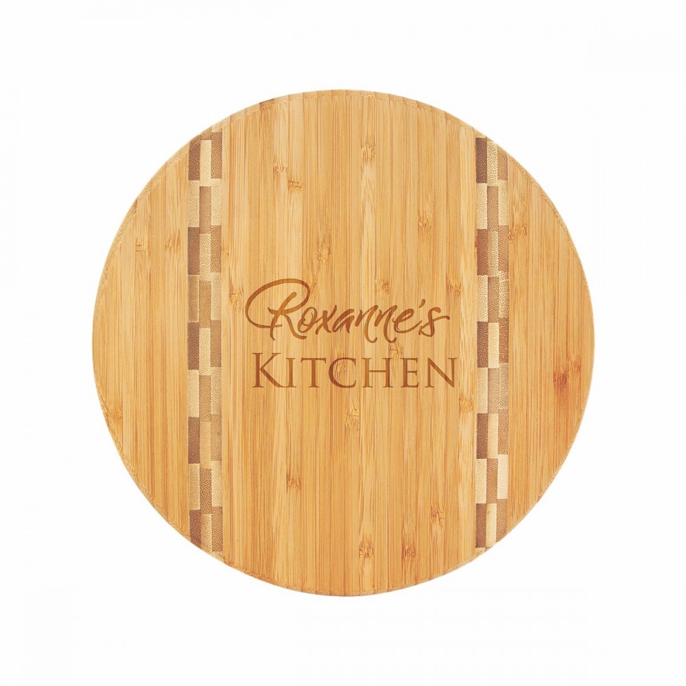 9 3/4" Round Bamboo Cutting Board with Butcher Block Inlay with Logo 9 3/4" Round Bamboo Cutting Board with Butcher Block Inlay with Logo