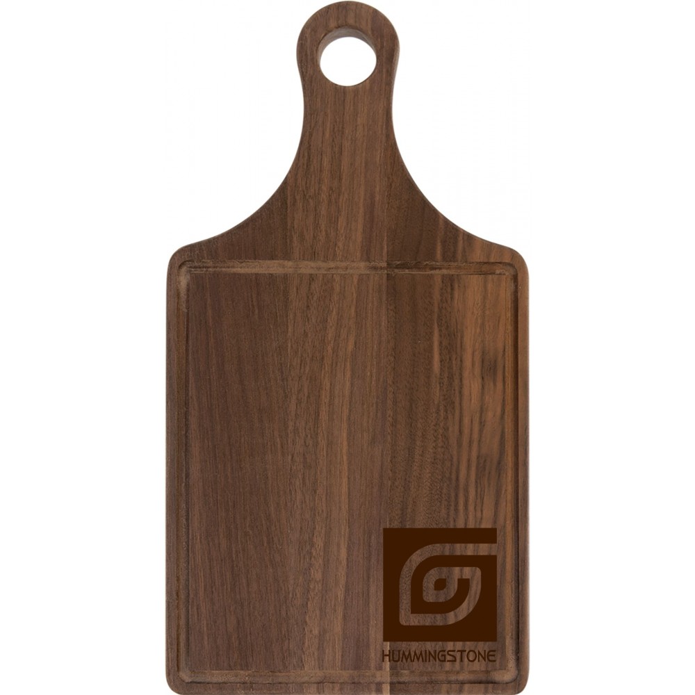 Personalized 13 1/2" x 7" Walnut Cutting Board Paddle Shape with Drip Ring