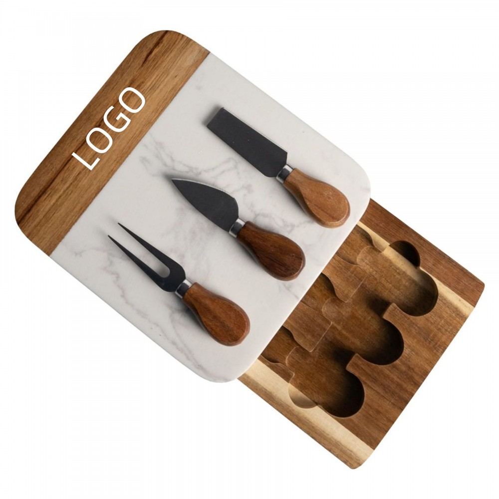 Custom Imprinted White Marble and Acacia Wood Cutting Board with 3 pcs Knife Set