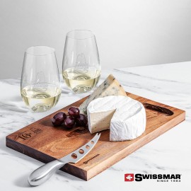 Swissmar Acacia Board & 2 Boston Stemless Wine with Logo