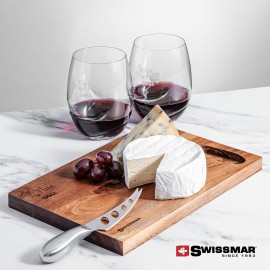 Swissmar Acacia Board & 2 Bartolo Stemless Wine with Logo