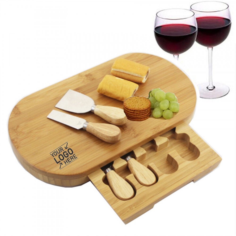 Promotional Bamboo Cheese Board Set w/4 Knives & Slide Out Drawer