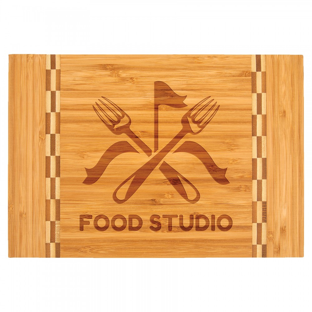 Promotional 12" x 8 1/4" Bamboo Cutting Board with Butcher Block Inlay