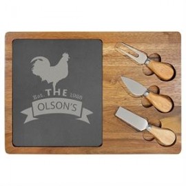 Acacia Wood/Slate Rectangle Cheese Set With Three Tools with Logo
