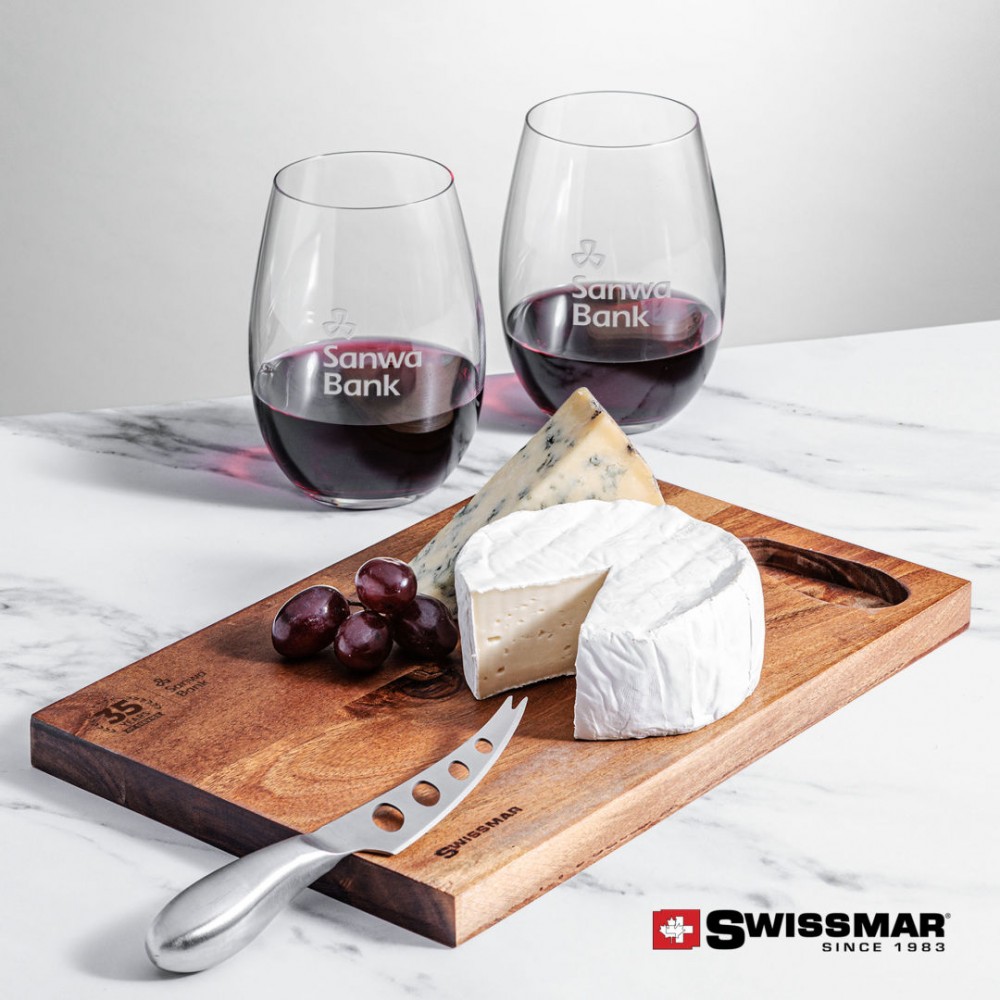 Customized Swissmar Acacia Board & 2 Laurent Stemless Wine