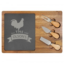 Acacia Wood/Slate Rectangle Cheese Set with Three Tools with Logo