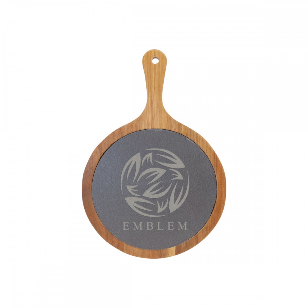 Promotional 12" x 8" Round Acacia Wood/Slate Serving Board with Handle Promotional 12" x 8" Round Acacia Wood/Slate Serving Board with Handle