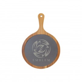 Promotional 12" x 8" Round Acacia Wood/Slate Serving Board with Handle  Promotional 12" x 8" Round Acacia Wood/Slate Serving Board with Handle