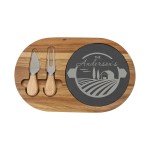 12" x 7" Acacia Wood/Slate Oval Cheese Set w/ Two Tools with Logo