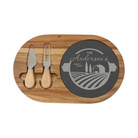 12" x 7" Acacia Wood/Slate Oval Cheese Set w/ Two Tools with Logo