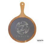 Slate/Acacia Wood Round Serving Board with Handle, 12-1/4"x8-1/4" with Logo