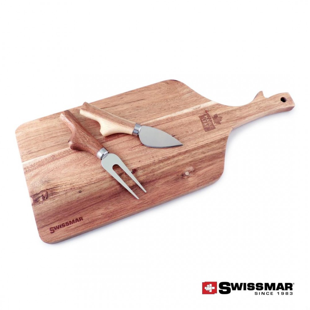 Swissmar Acacia Paddle Cutting Board & Knife Set with Logo
