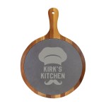 14" x 10" Round Acacia Wood/Slate Serving Board with Handle with Logo