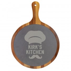 Logo Branded Round Acacia Wood/Slate Serving Board with Handle