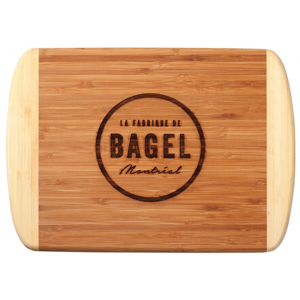 Logo Branded Bamboo Rectangle Shaped Two-Tone Cutting Board, 13-1/2"x9-3/4"