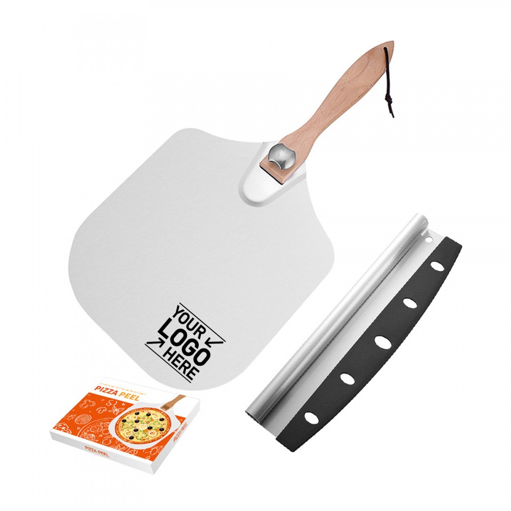 Logo Branded Pizza Peel Aluminum Pizza Spatula 12 inch Pizza Paddle with Rocker Cutter Foldable Wood Handle