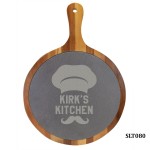 Slate/Acacia Wood Round Serving Board with Handle, 14-1/2"x10-1/2" with Logo