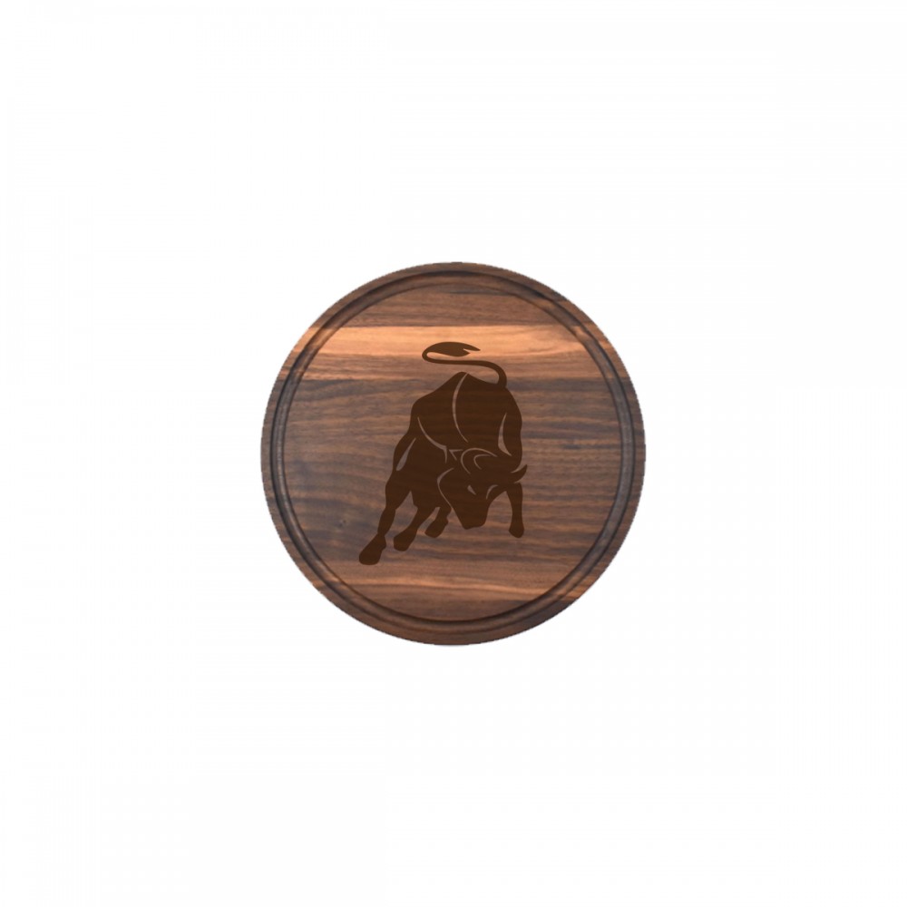 10 1/2" x 3/4" Walnut Round Cutting Board with Juice Groove with Logo