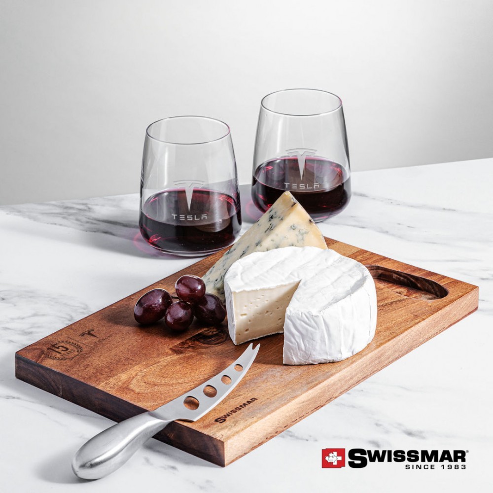 Customized Swissmar Acacia Board & 2 Dunhill Stemless Wine