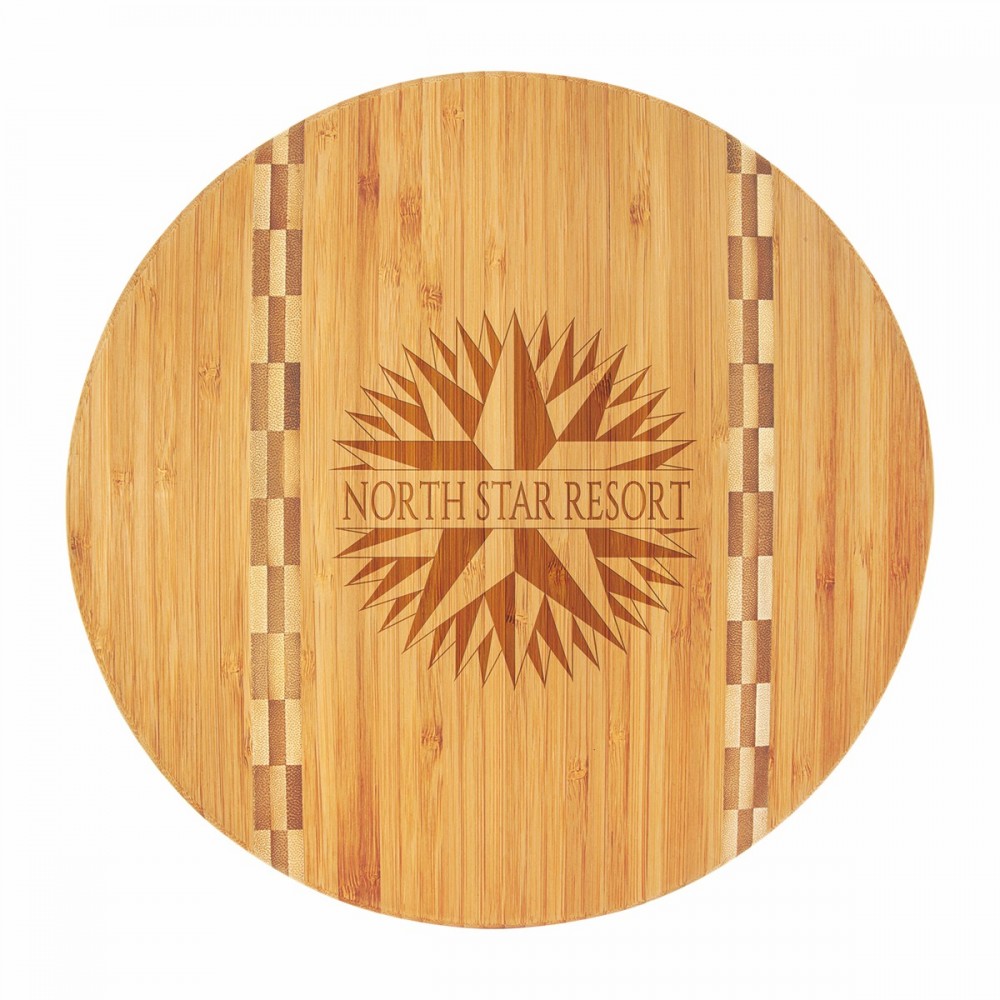 Customized 11 3/4" Round Bamboo Cutting Board with Butcher Block Inlay