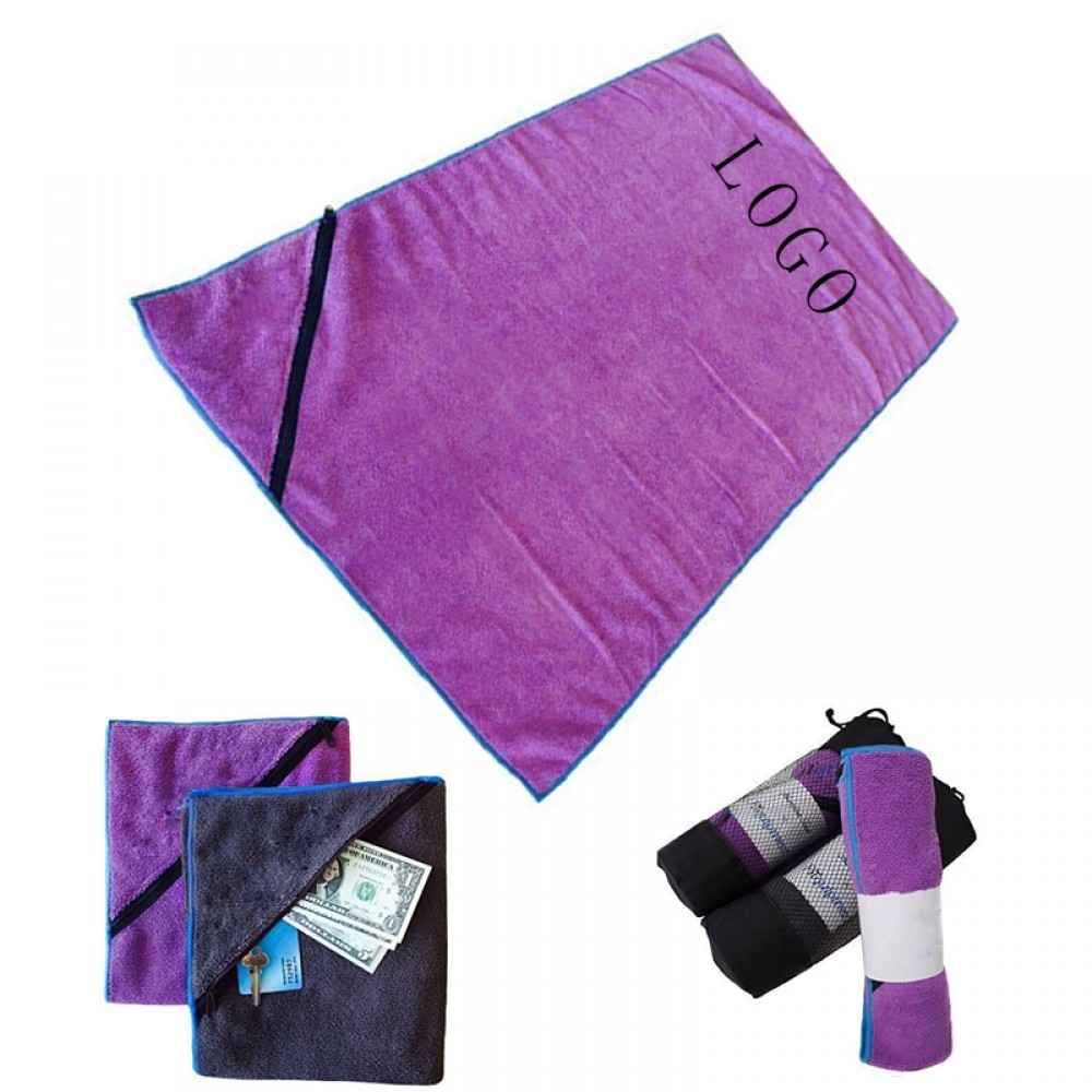 Custom Embroidered Microfiber Towel with Zipper Pocket in Mesh Bag Custom Embroidered Microfiber Towel with Zipper Pocket in Mesh Bag