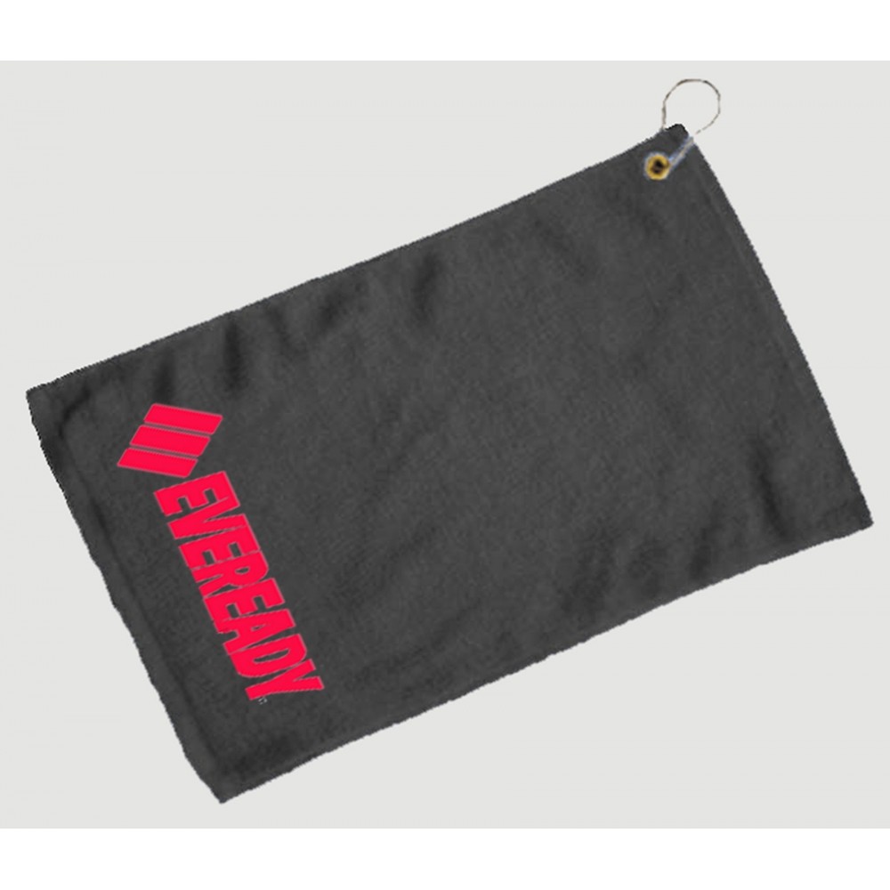 Fingertip Towel Hemmed and Grommetted 11x18 - Black (Imprinted) Custom Imprinted Fingertip Towel Hemmed and Grommetted 11x18 - Black (Imprinted) Custom Imprinted