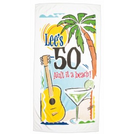 35" x 70", 20 lb., Heavyweight White Velour Dobby Hem Beach Towel (Screen Print) Logo Branded