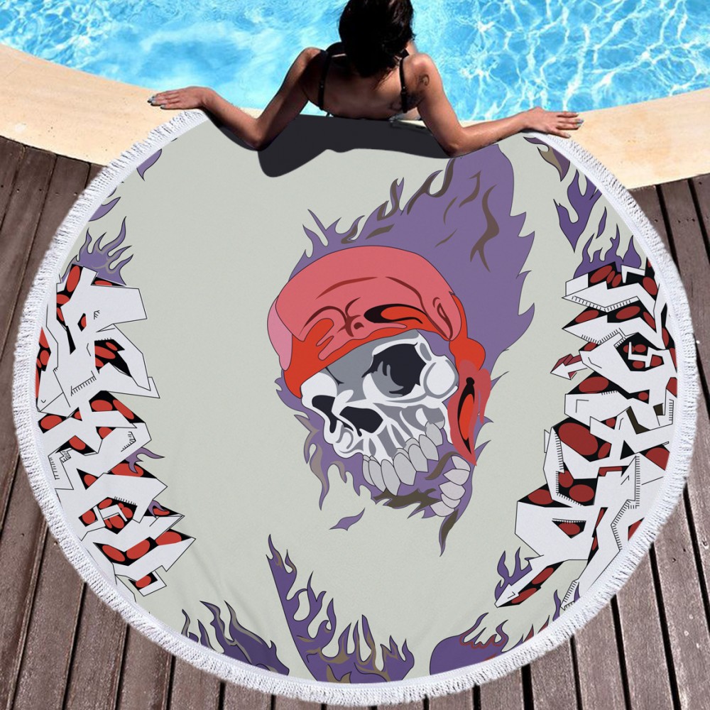 Custom Embroidered 60" Dia Microfiber Skull Round Large Beach Towel for Halloween w/Tassel/Fringe Custom Embroidered 60" Dia Microfiber Skull Round Large Beach Towel for Halloween w/Tassel/Fringe