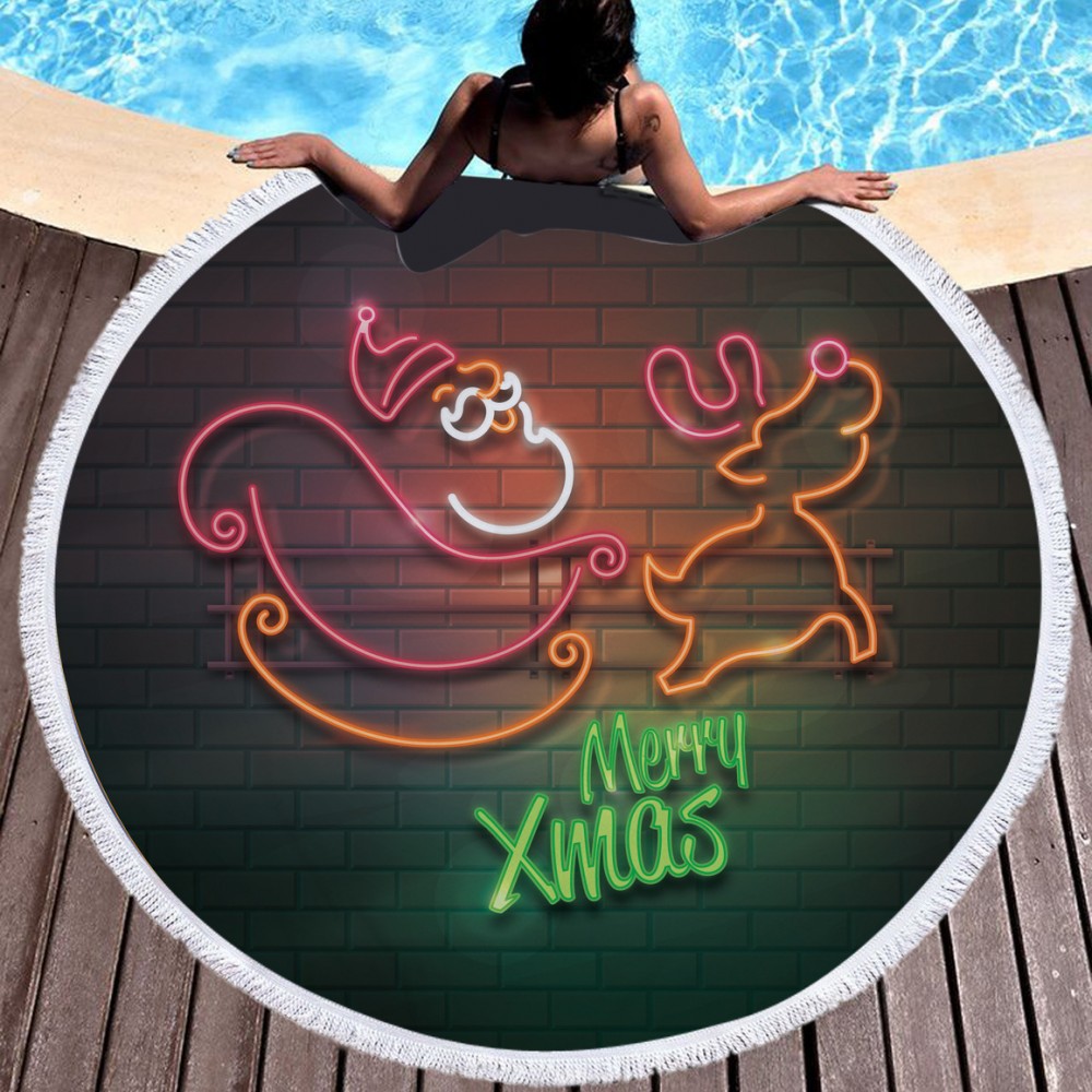 Custom Embroidered 60" Dia Microfiber Round Large Beach Towel for Christmas w/Tassel/Fringe Custom Embroidered 60" Dia Microfiber Round Large Beach Towel for Christmas w/Tassel/Fringe
